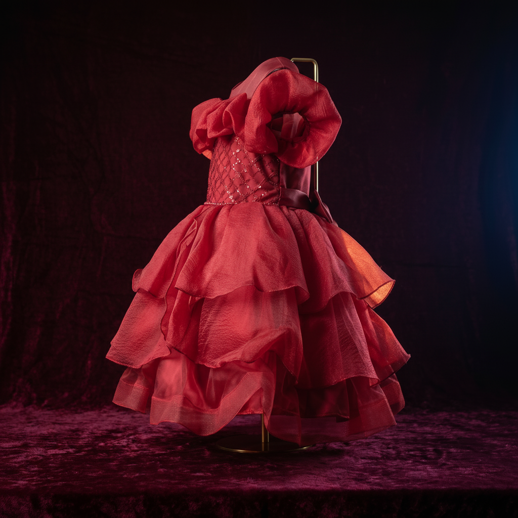 Girls elegant red party dress on gold rack with dramatic studio lighting