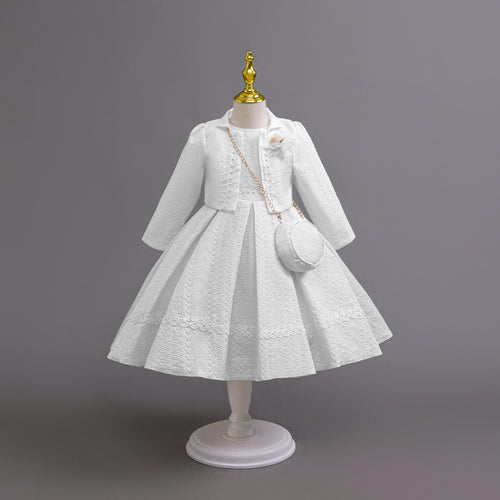 Girls White Gown & White Coat Set — Elegant Party Outfit