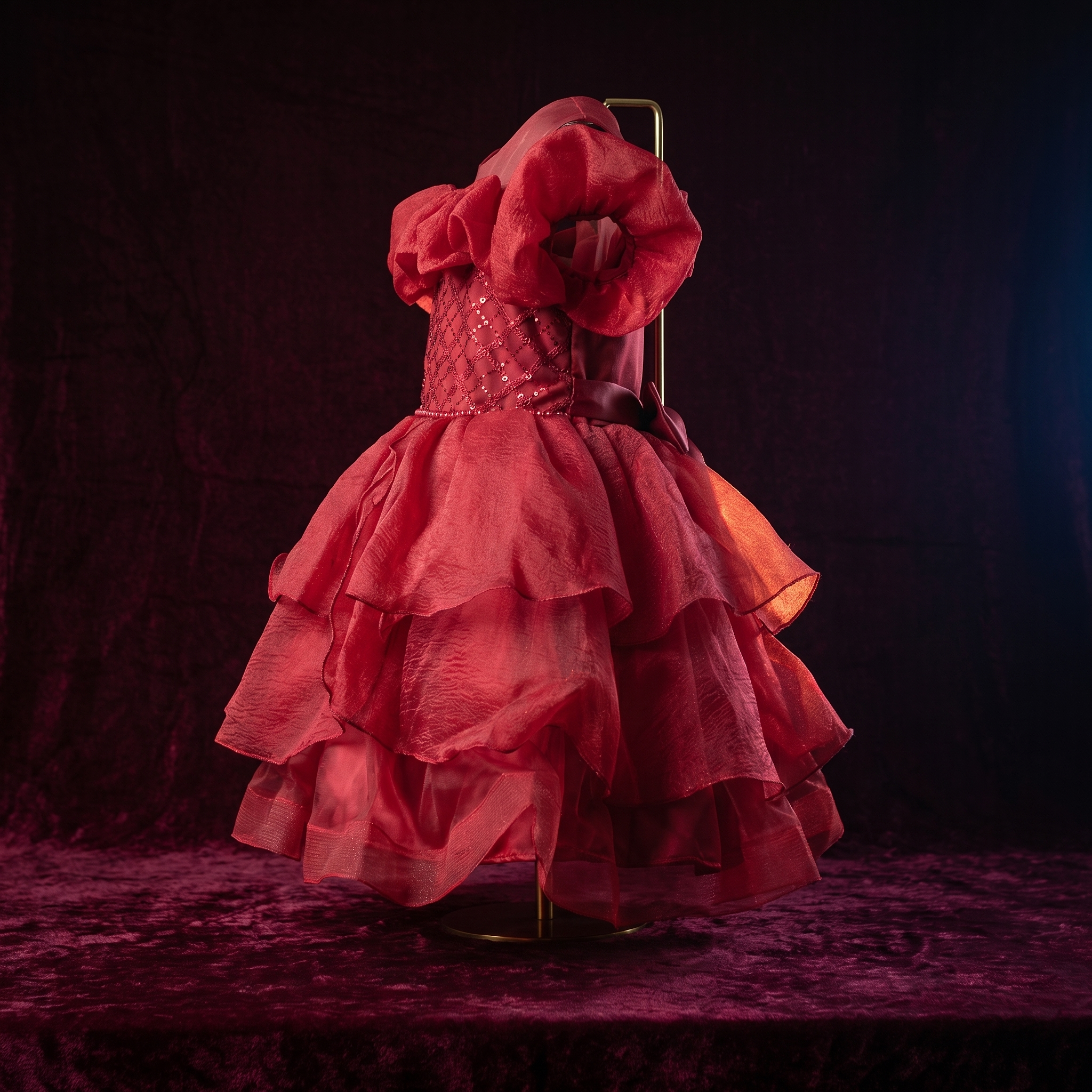 Ruby red girls party dress in strict side profile against burgundy velvet with dramatic moody lighting.